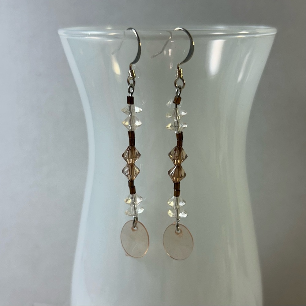 Elegant Brown and Clear Beaded Earrings Hand Crafted silver tone